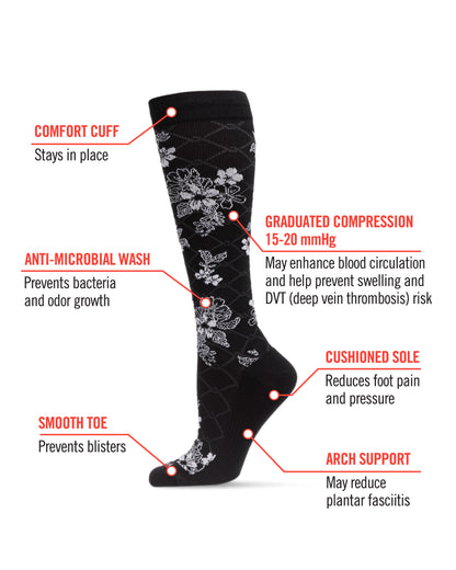 Women's Floral Link Nylon 15-20mmHg Graduated Compression Socks : Color: Black