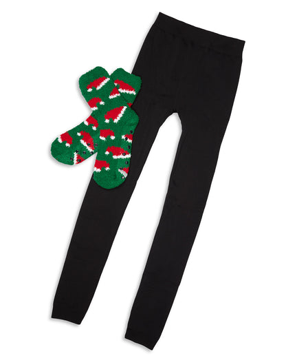 Santa Hat Cozy Non-Skid Sock & Legging Set : Color: Green-Black