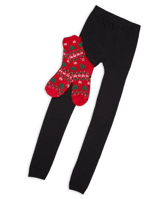 Women's Christmas Tree Cozy Socks & Legging Set : Color: Red/Black