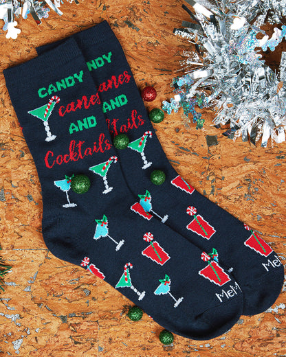 Women's Candy Canes & Cocktails Holiday Crew Socks : Color: Navy
