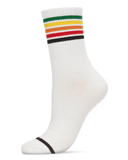 Women's Rainbow Stripe Athletic Cotton Blend Crew Sock : Color: White