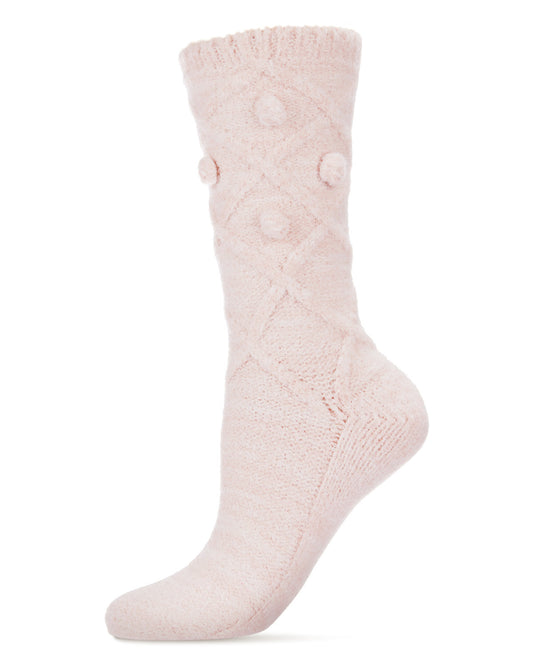 Women's Soft and Breathable Plush Pom-Pom Cable Knit Crew Sock : Color: Blush