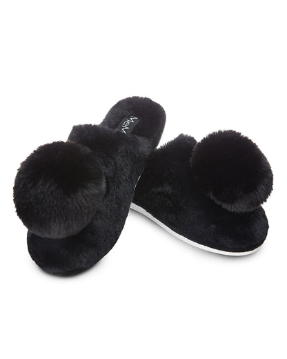 The Gloria Plush Pom-Pom Slippers : Color: Black